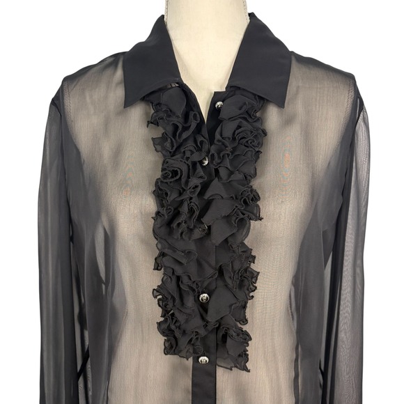 St. John Tops - St John Womens Black Sheer Ruffle Front Button Up Blouse Size 10 Crystal Buttons